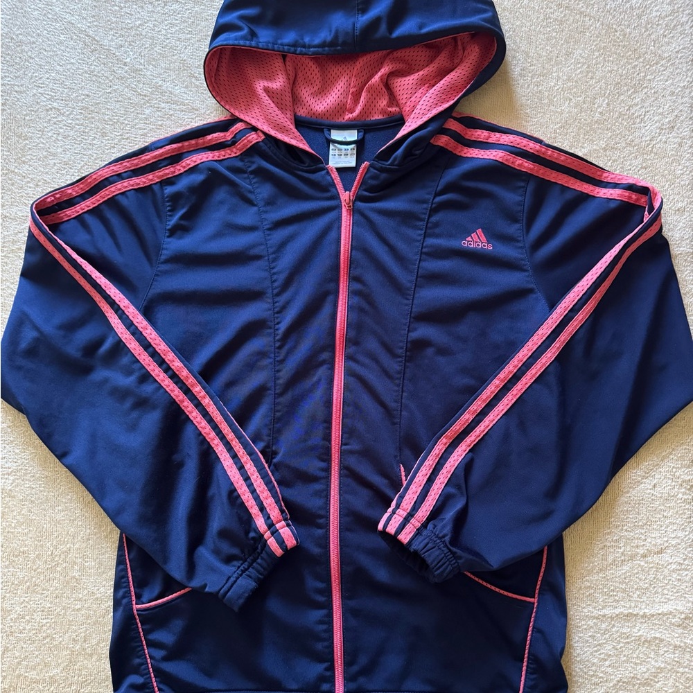 Adidas Girls Navy and Pink Hooded Jacket